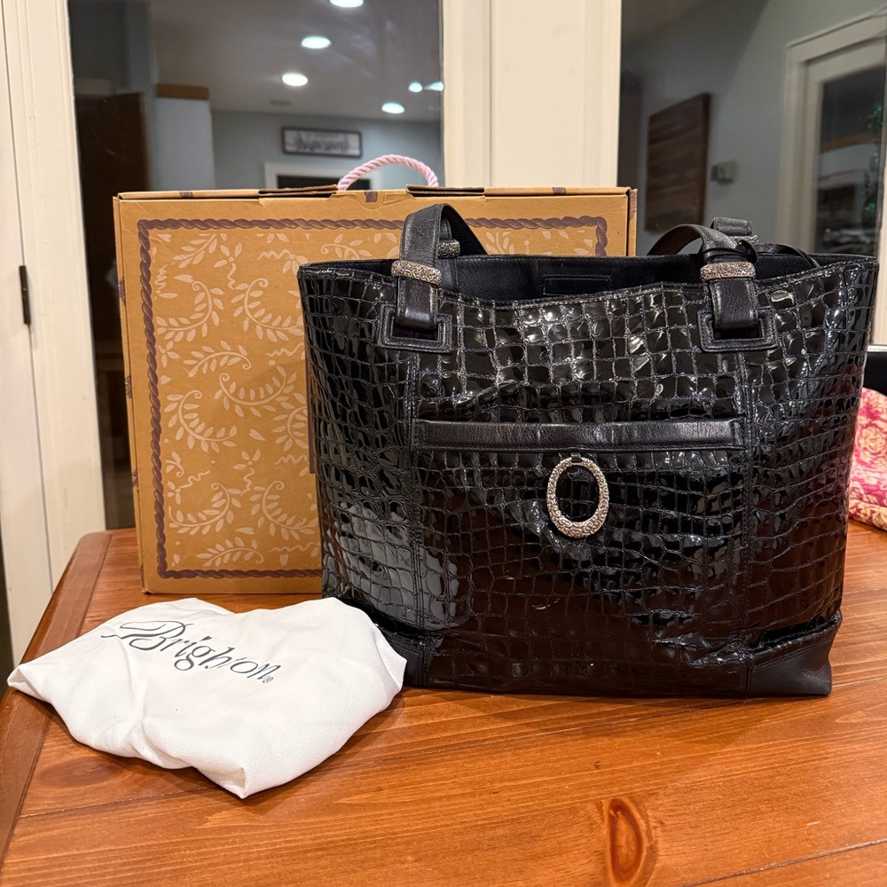 Brighton Shiny Black Croc-Embossed Handbag